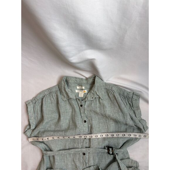 C&C Sage Green Midi Dress 100% Linen Button Front Belted Size M Classy Lagenlook - Picture 8 of 9